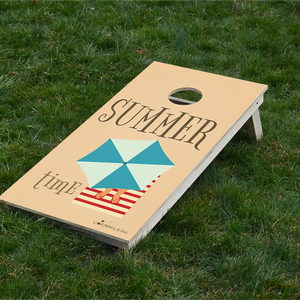 cornhole parasol et summer time, sur le gazon, vue de face