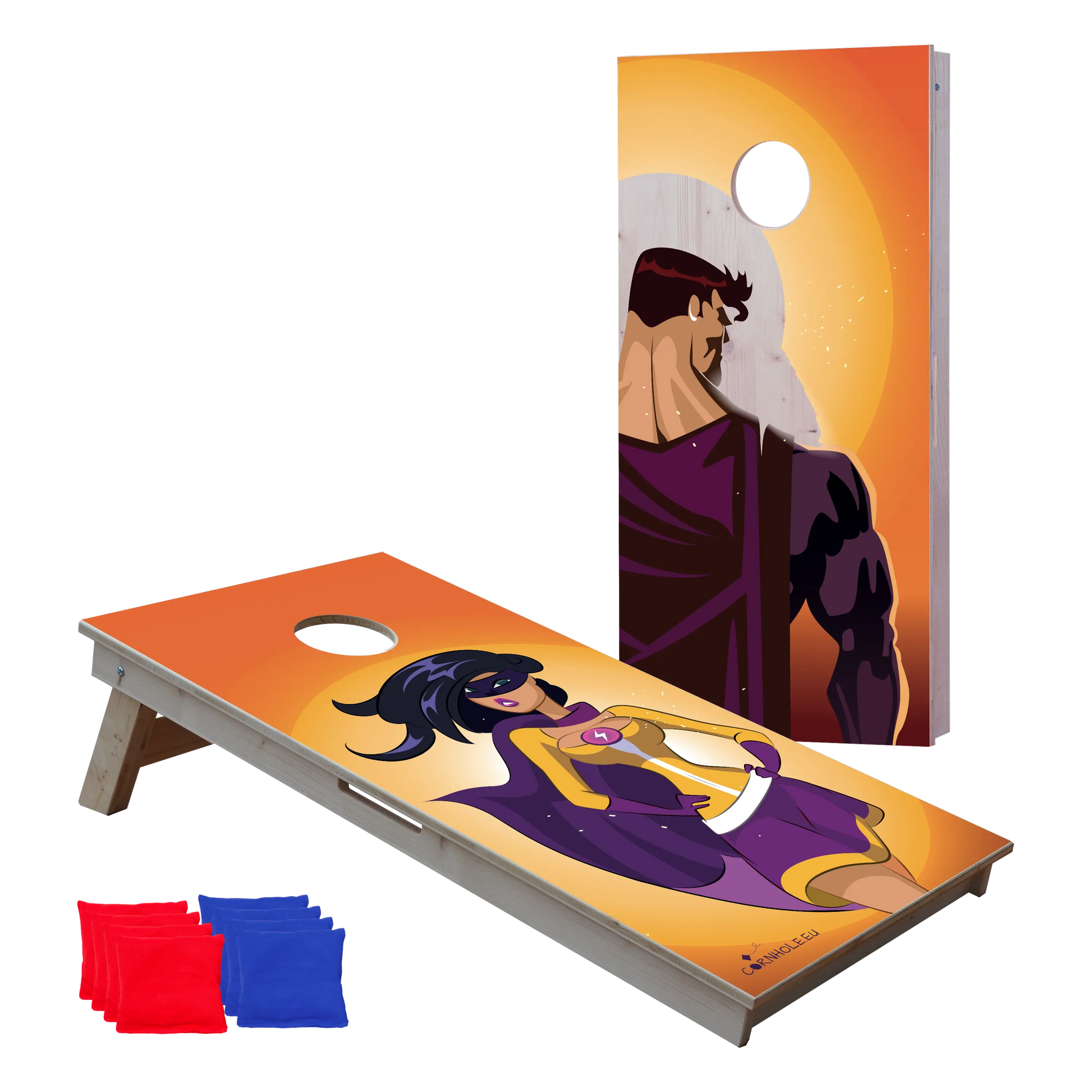 cornhole 2 planches couple de super héros, vue de face