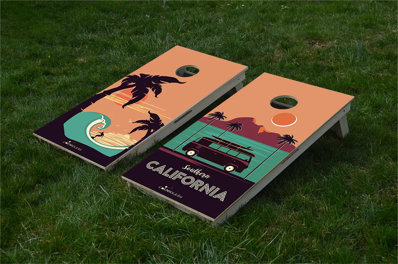 cornhole 2 planches surfeur et combi vw, sur le gazon, vue de face