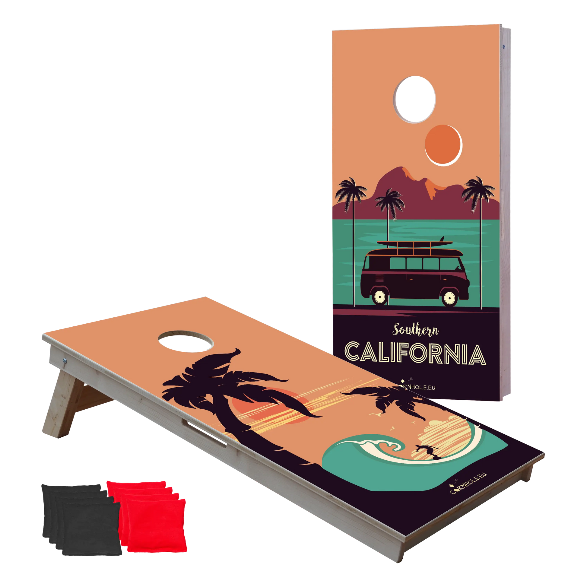 cornhole 2 planches surfeur et combi vw, vue de face