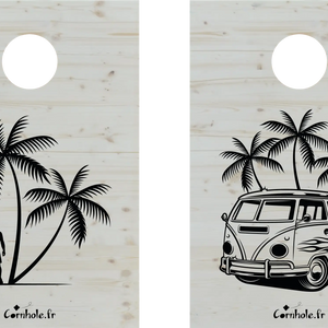 décor détaillé cornhole 2 planches format court 60/90 cm surfeur et van de surf, vue de face