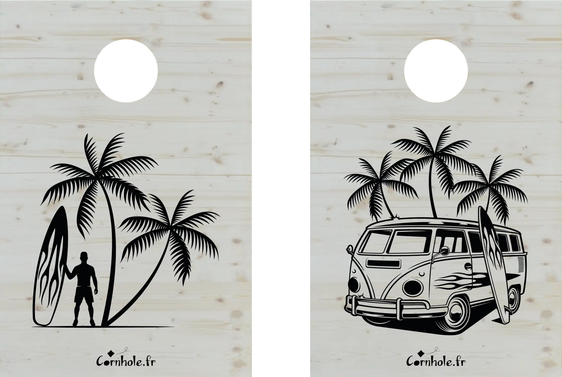 décor détaillé cornhole 2 planches format court 60/90 cm surfeur et van de surf, vue de face