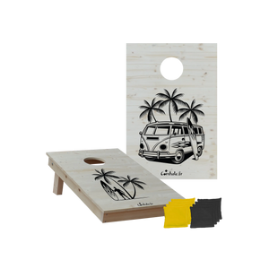 cornhole 2 planches format court 60/90 cm surfeur et van de surf, vue de face