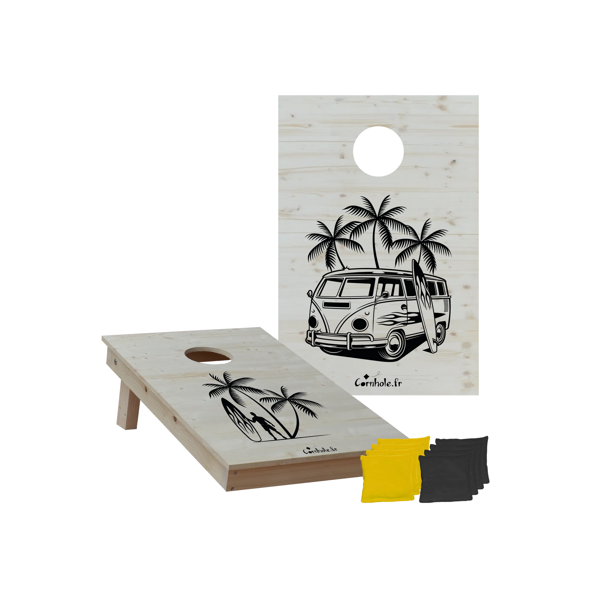 cornhole 2 planches format court 60/90 cm surfeur et van de surf, vue de face