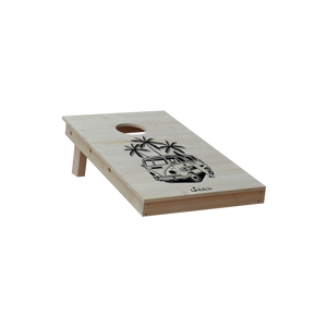 cornhole 2 planches format court 60/90 cm surfeur et van de surf, sur le gazon, vue de derrière
