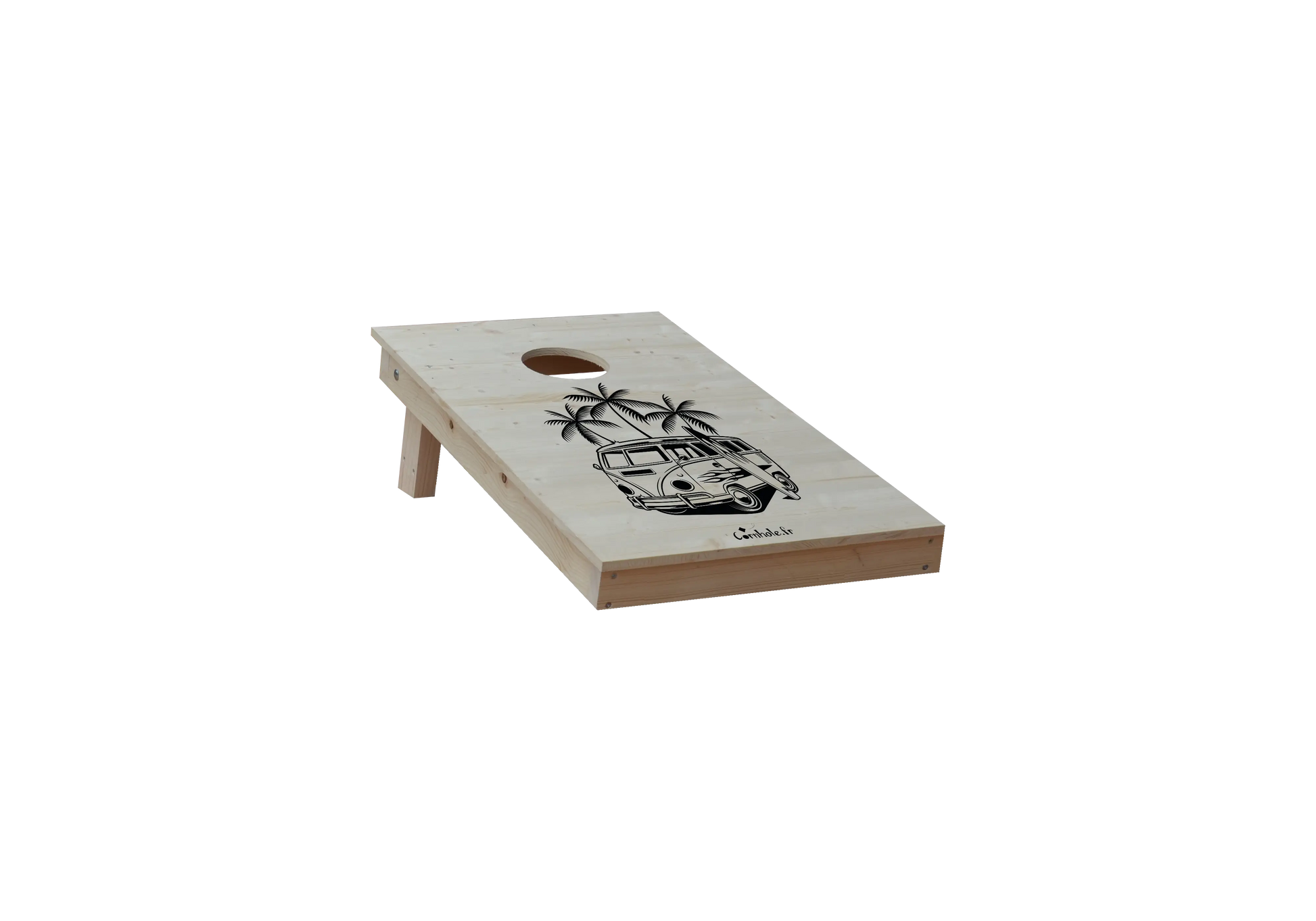 cornhole 2 planches format court 60/90 cm surfeur et van de surf, sur le gazon, vue de derrière