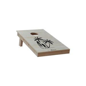 cornhole 2 planches format court 60/90 cm surfeur et van de surf, sur le gazon, vue de face