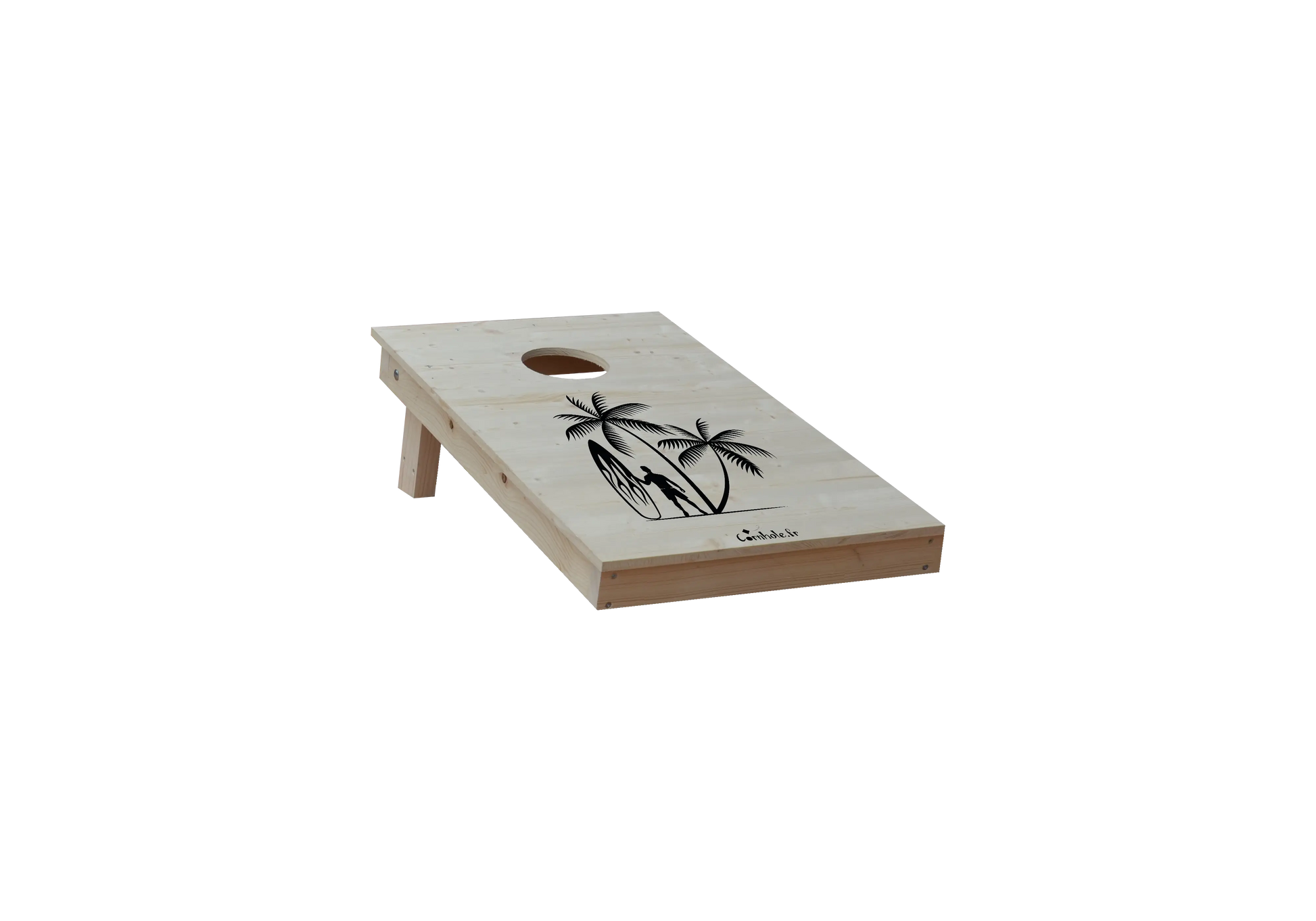 cornhole 2 planches format court 60/90 cm surfeur et van de surf, sur le gazon, vue de face