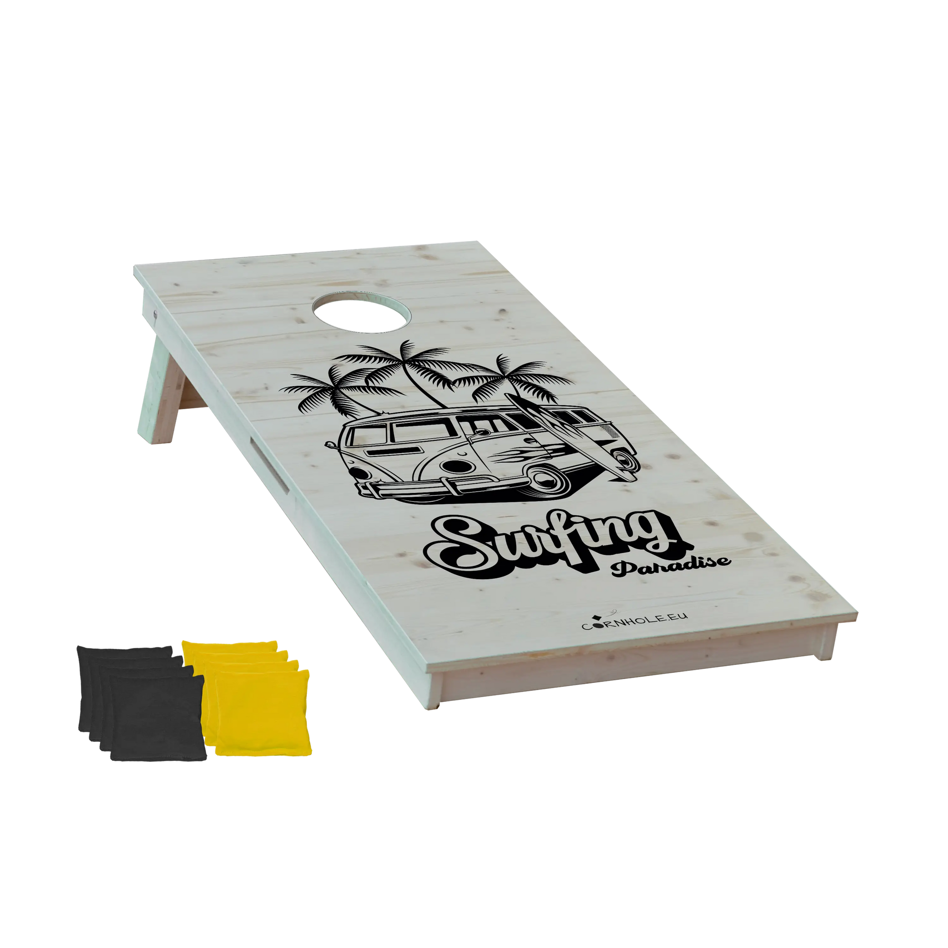 cornhole van vw de surf avec sa planche accolée sous les palmiers, vue de face