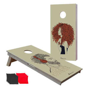 cornhole 2 planches jolie fille avec les cheveux bouclés, beau garçon qui écoute de la musique, vue de face