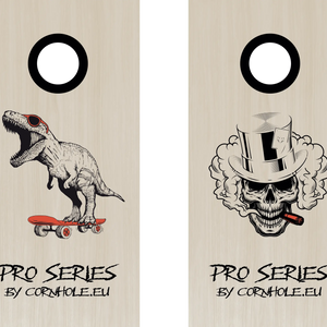 décor détaillé cornhole de compétition deux planches t-rex sur son skate et tête de mort, vue de face