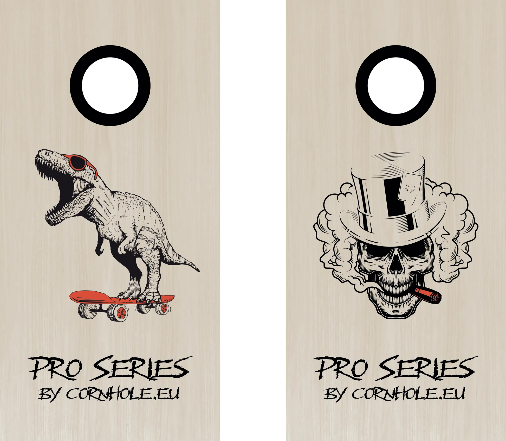 décor détaillé cornhole de compétition deux planches t-rex sur son skate et tête de mort, vue de face