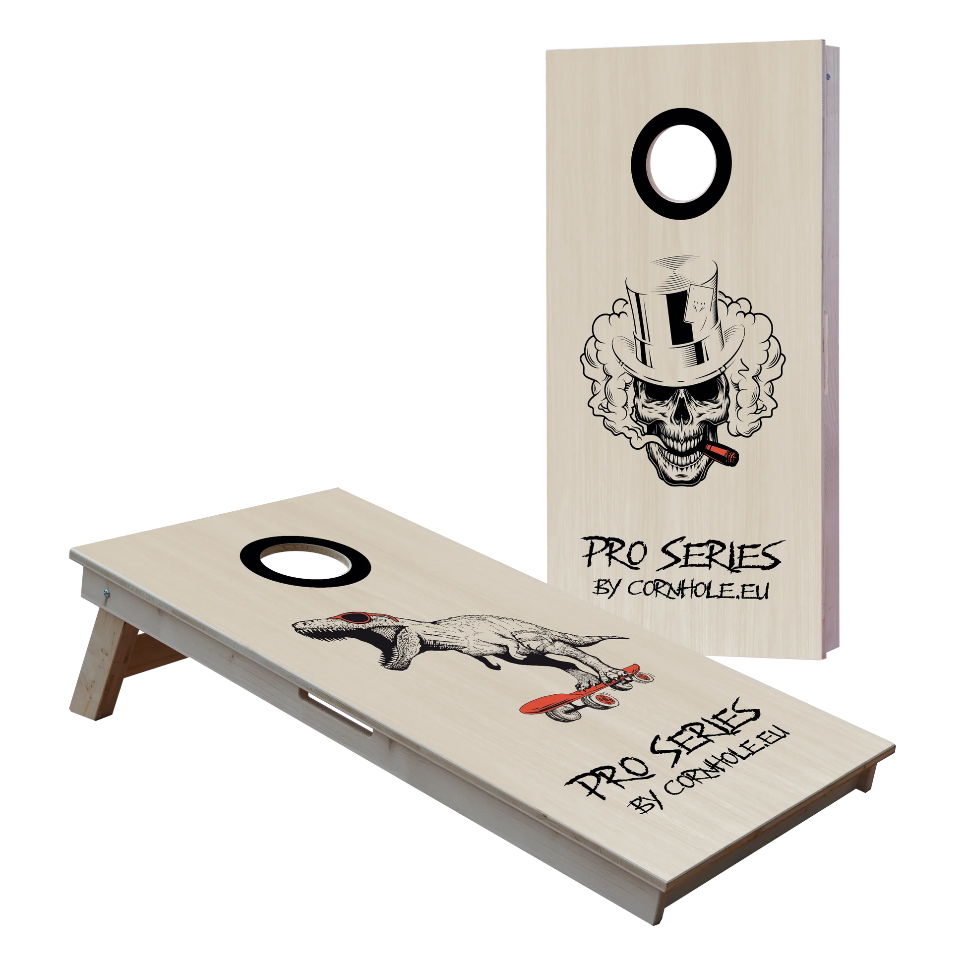 cornhole de compétition deux planches t-rex sur son skate et tête de mort, vue de face