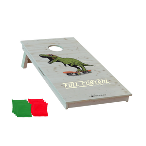 cornhole t-rex à lunettes sur un skateboard, vue de face