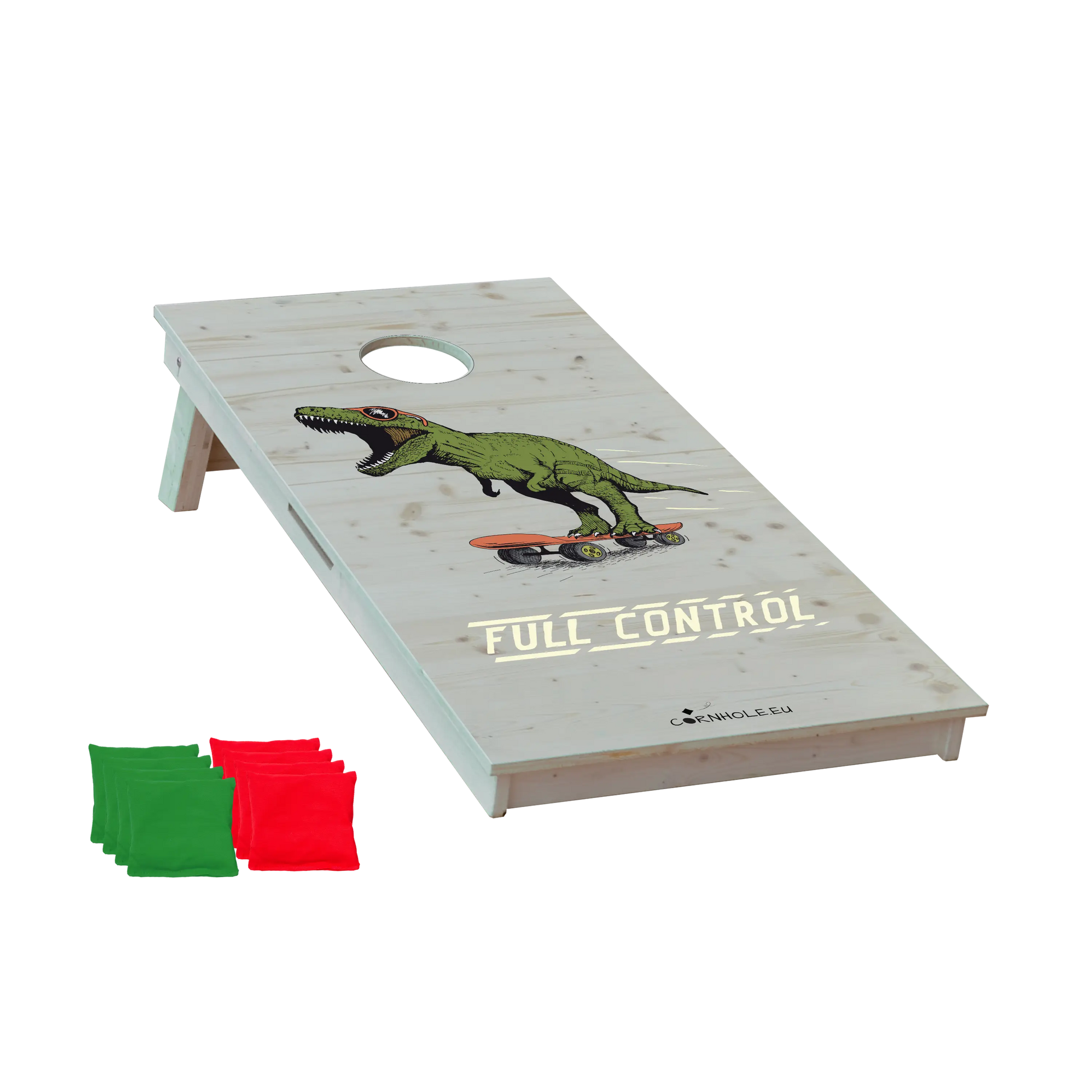 cornhole t-rex à lunettes sur un skateboard, vue de face