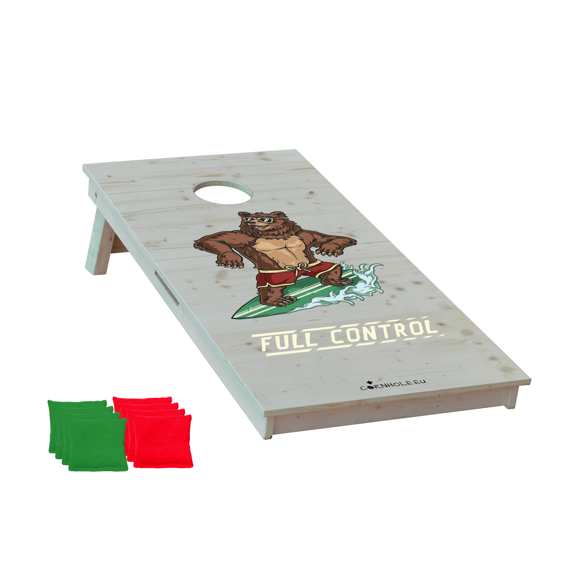 cornhole ours en short de bain sur une planche de surf, vue de face