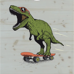 décor détaillé cornhole t-rex à lunettes sur un skateboard, vue de face