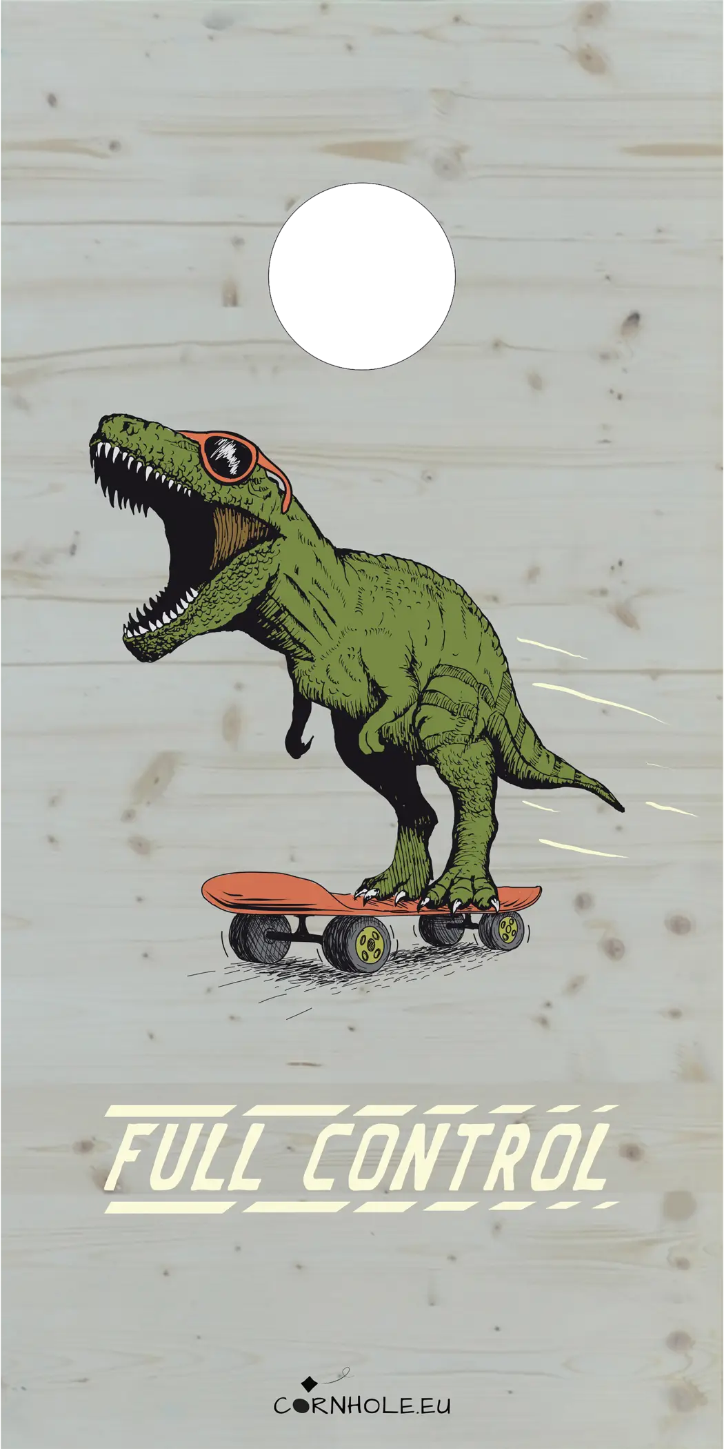 décor détaillé cornhole t-rex à lunettes sur un skateboard, vue de face