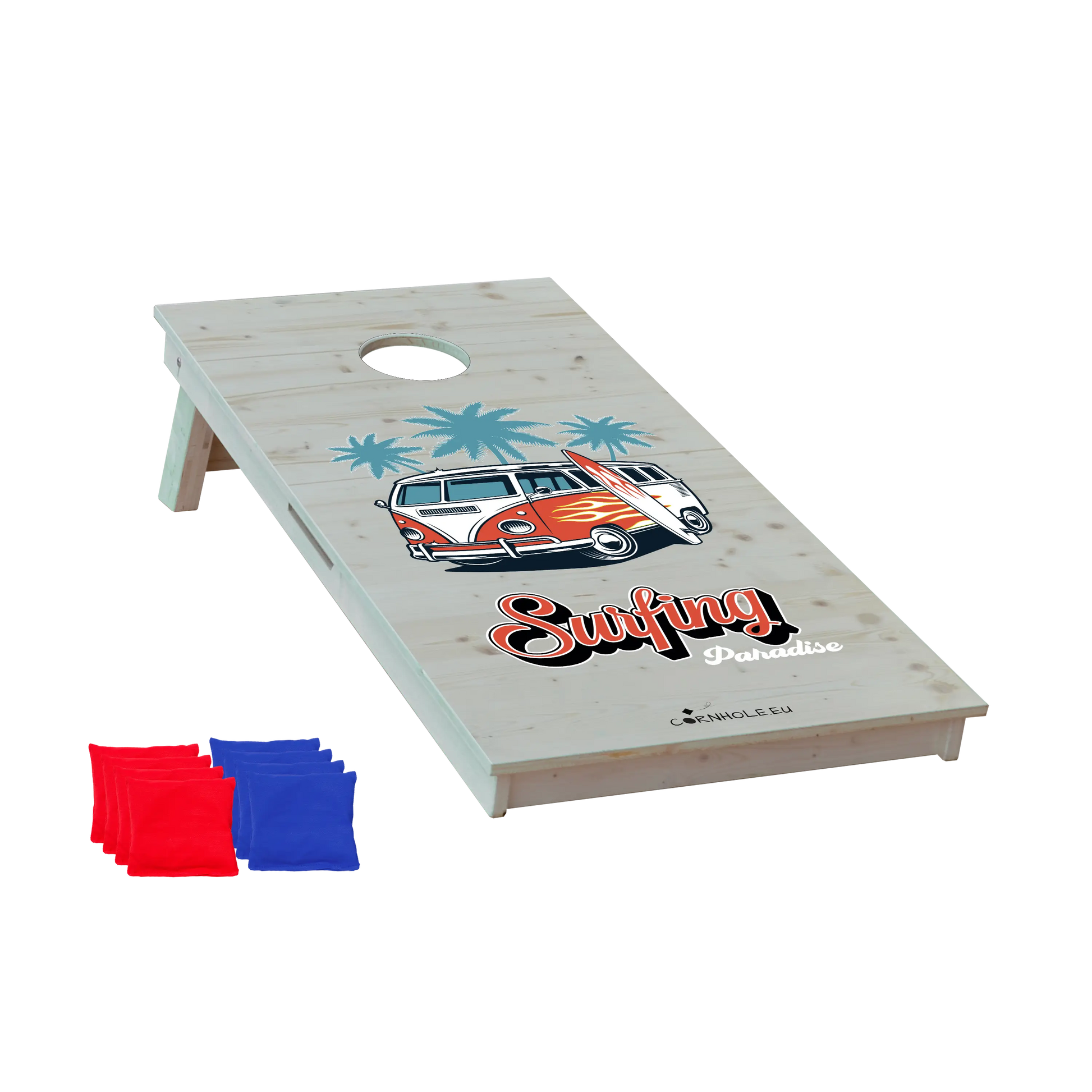 cornhole van de surf et palmiers, vue de face