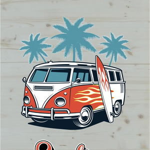 décor détaillé cornhole van de surf et palmiers, vue de face