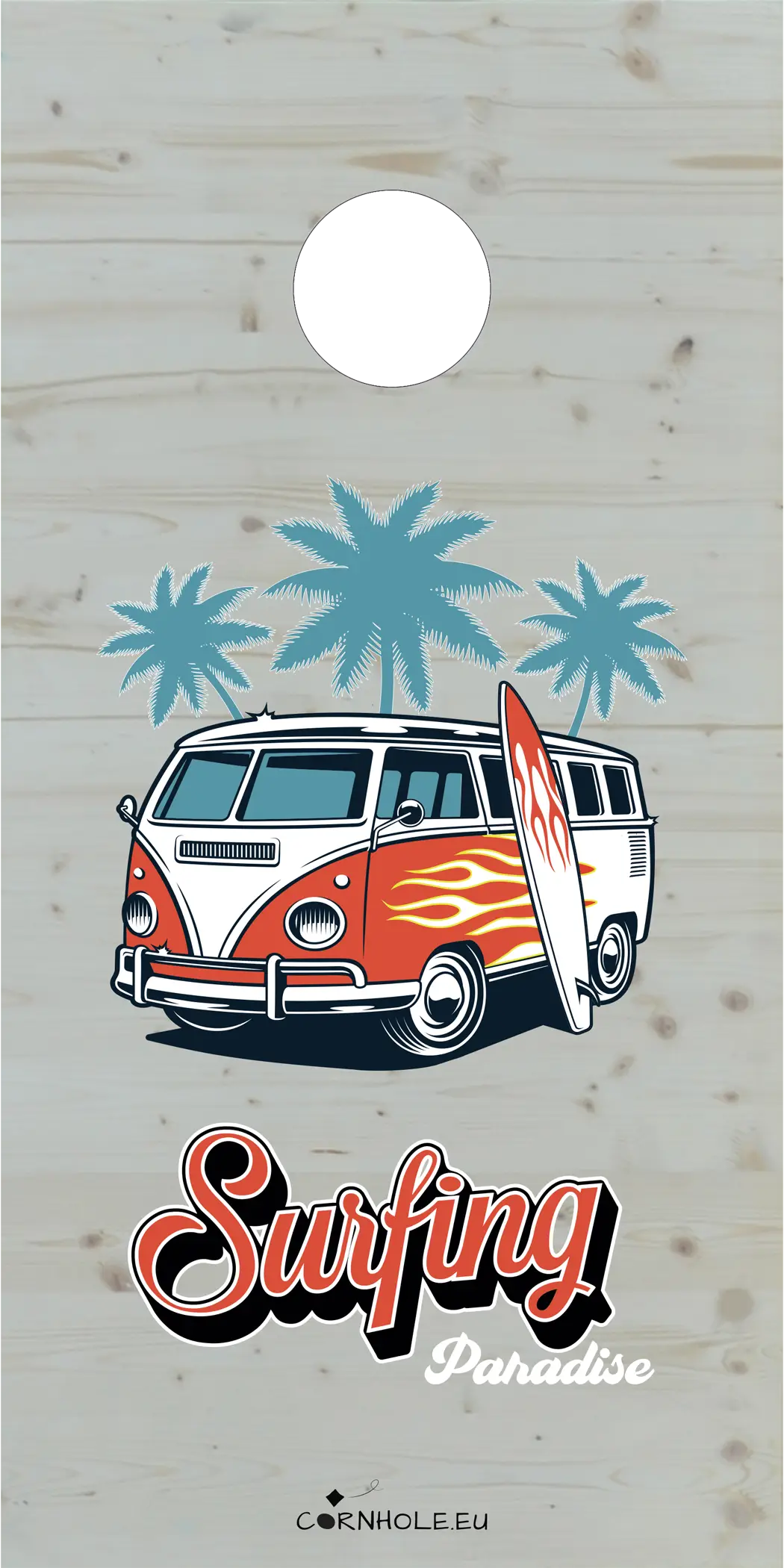 décor détaillé cornhole van de surf et palmiers, vue de face