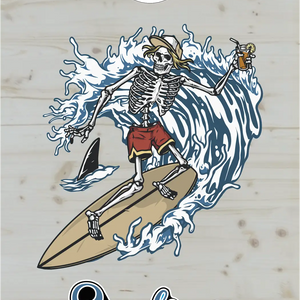 décor détaillé cornhole squelette surfant une vague à coté d'un requin, vue de face