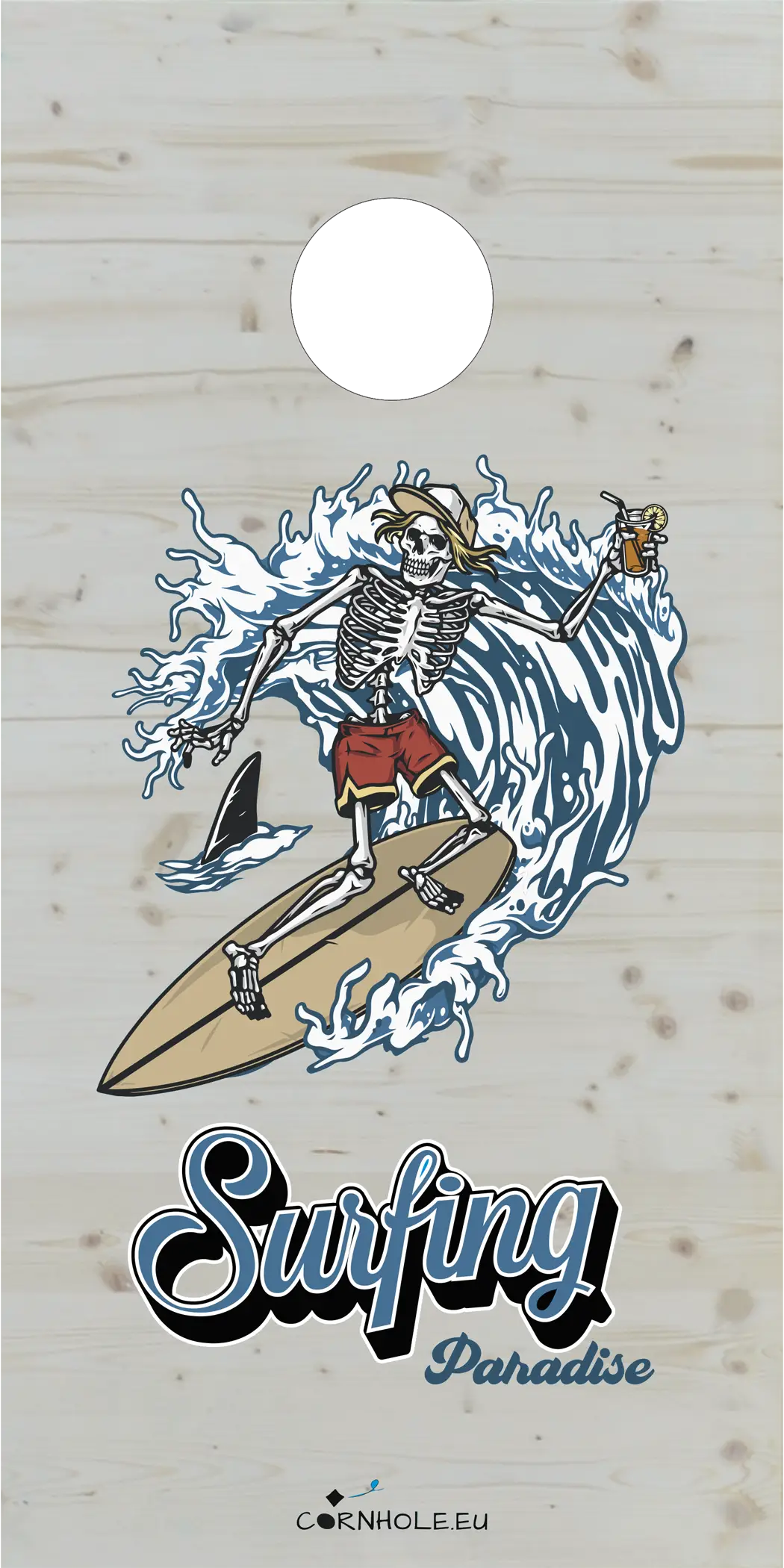 décor détaillé cornhole squelette surfant une vague à coté d'un requin, vue de face