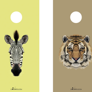 décor détaillé cornhole 2 planches tête de tigre et tête de zèbre, vue de face