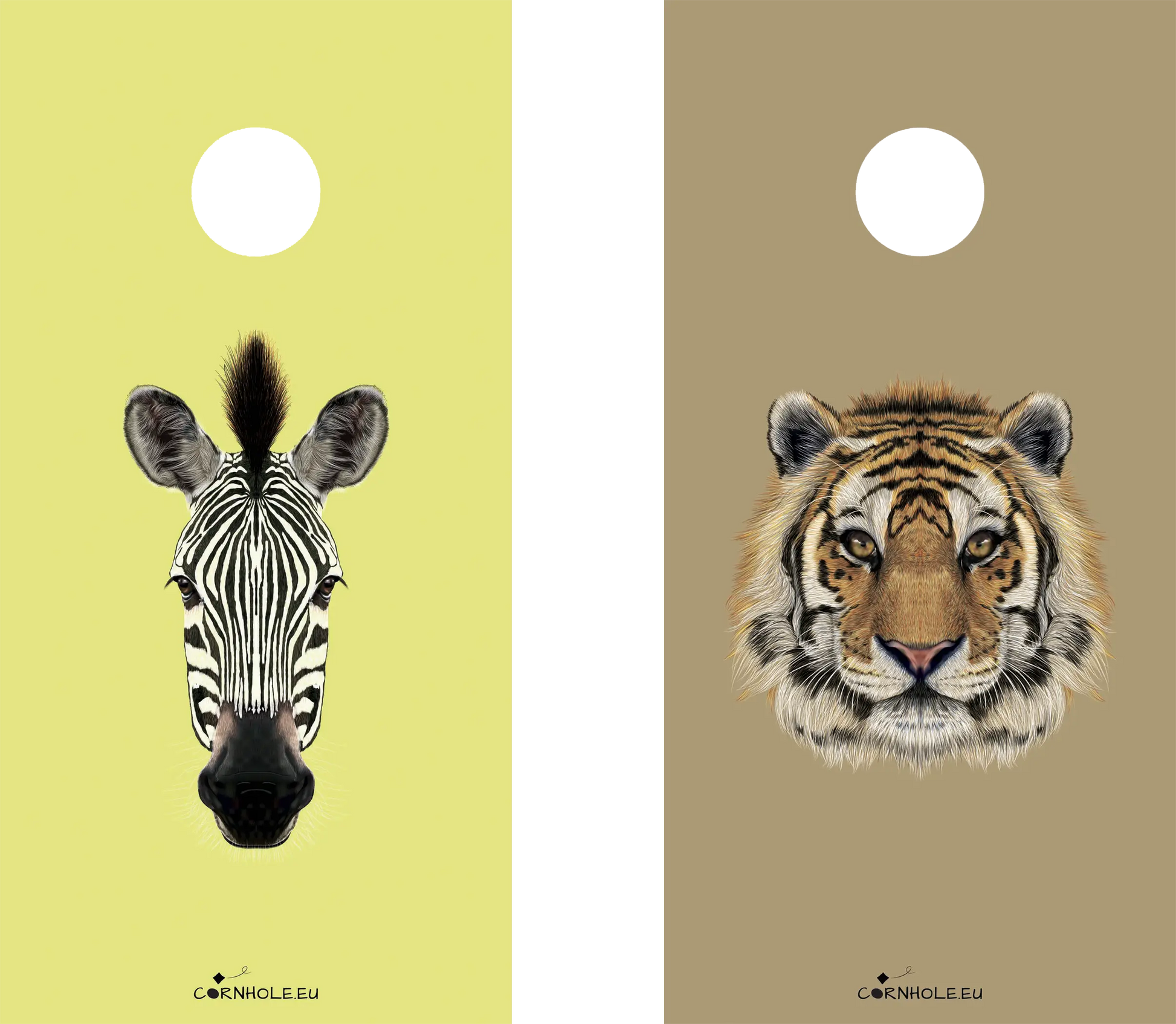 décor détaillé cornhole 2 planches tête de tigre et tête de zèbre, vue de face