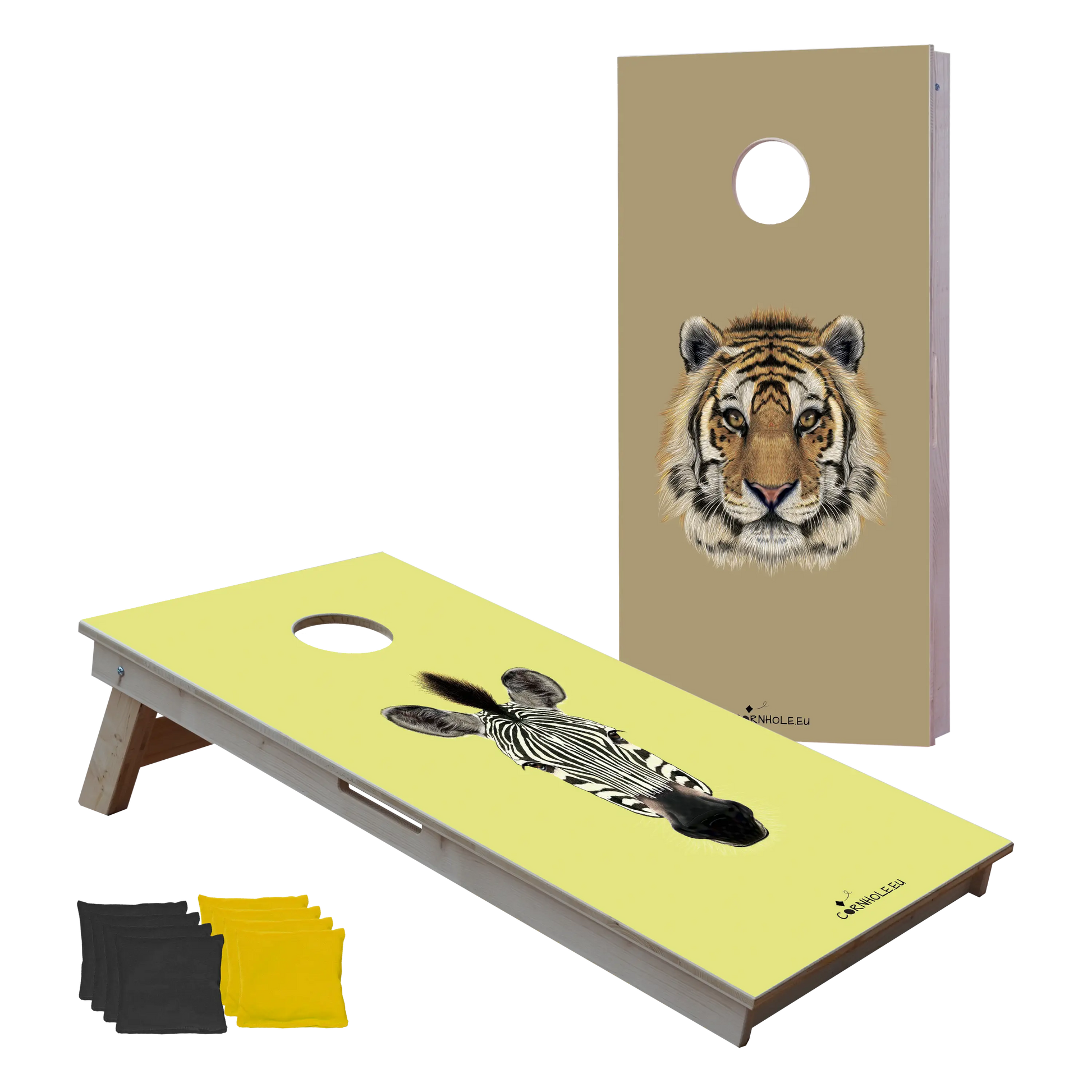 cornhole 2 planches tête de tigre et tête de zèbre, vue de face